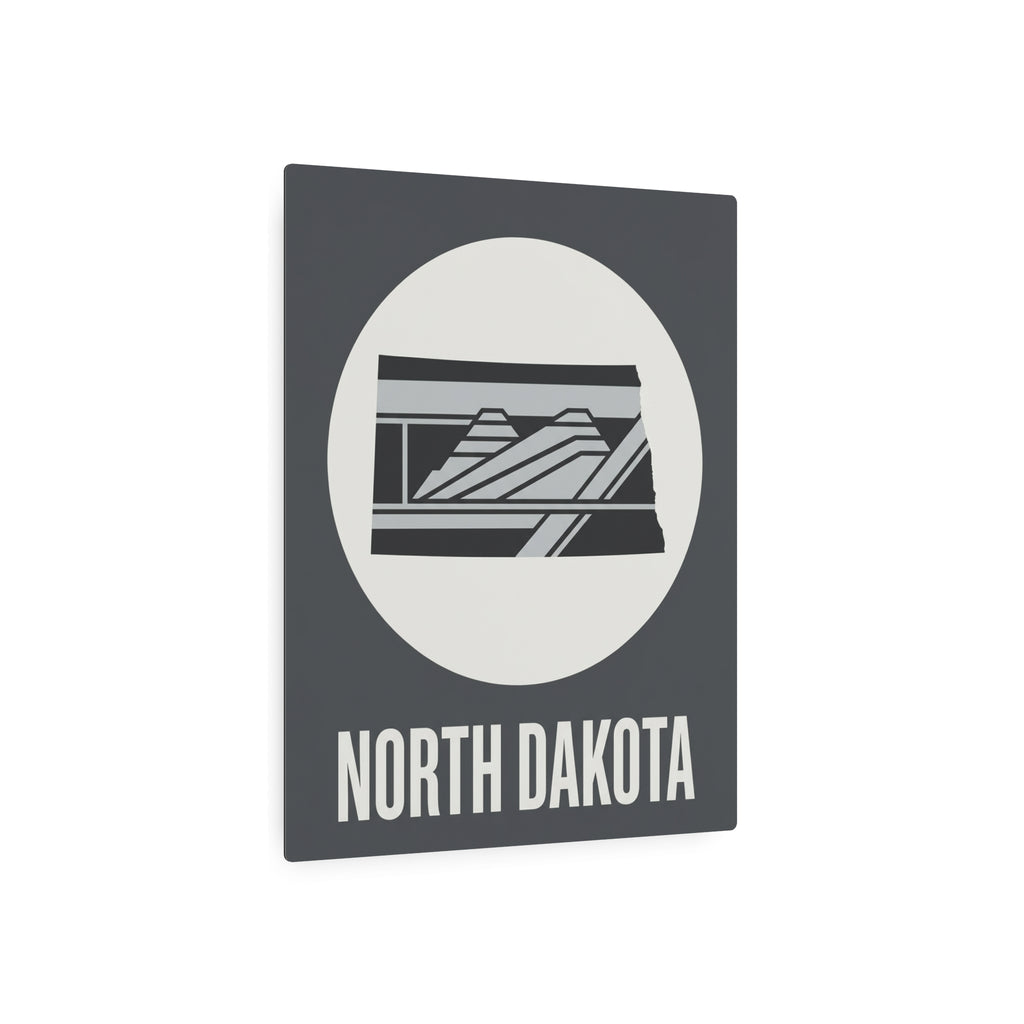 Dark gray North Dakota wall sign with white oval, striped landscape design and “NORTH DAKOTA”