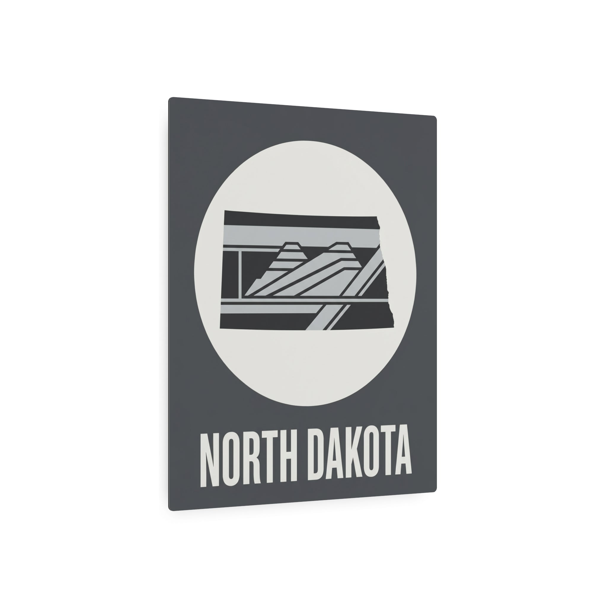 Dark gray North Dakota wall sign with white oval, striped landscape design and “NORTH DAKOTA”