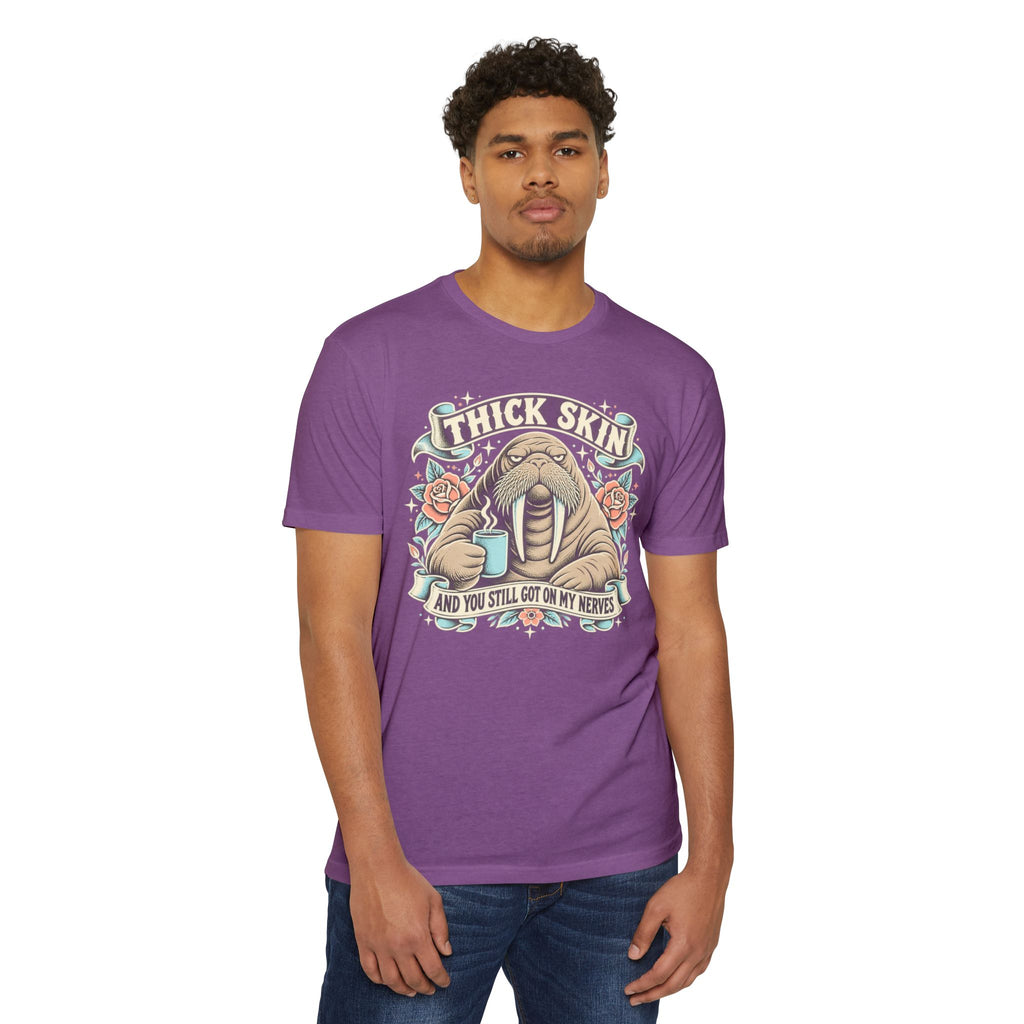 Purple short-sleeve T-shirt with walrus coffee graphic and “THICK SKIN” text front