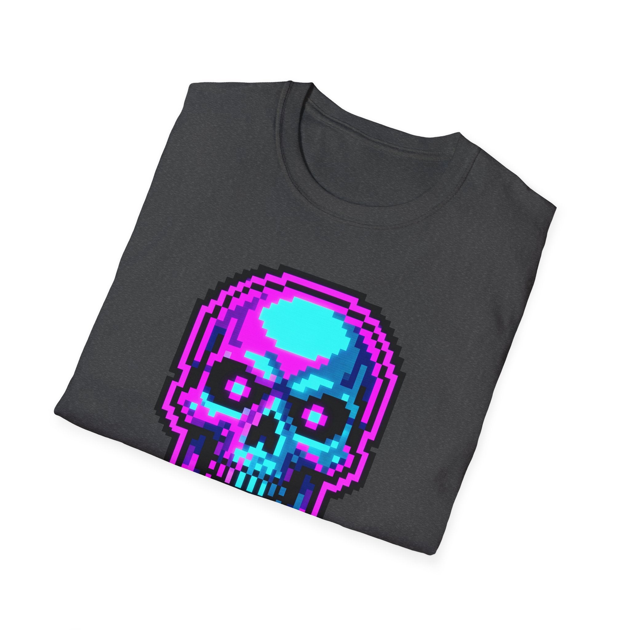 Pixel skull Game Over t-shirt in dark heather with neon 8-bit skeleton skull print