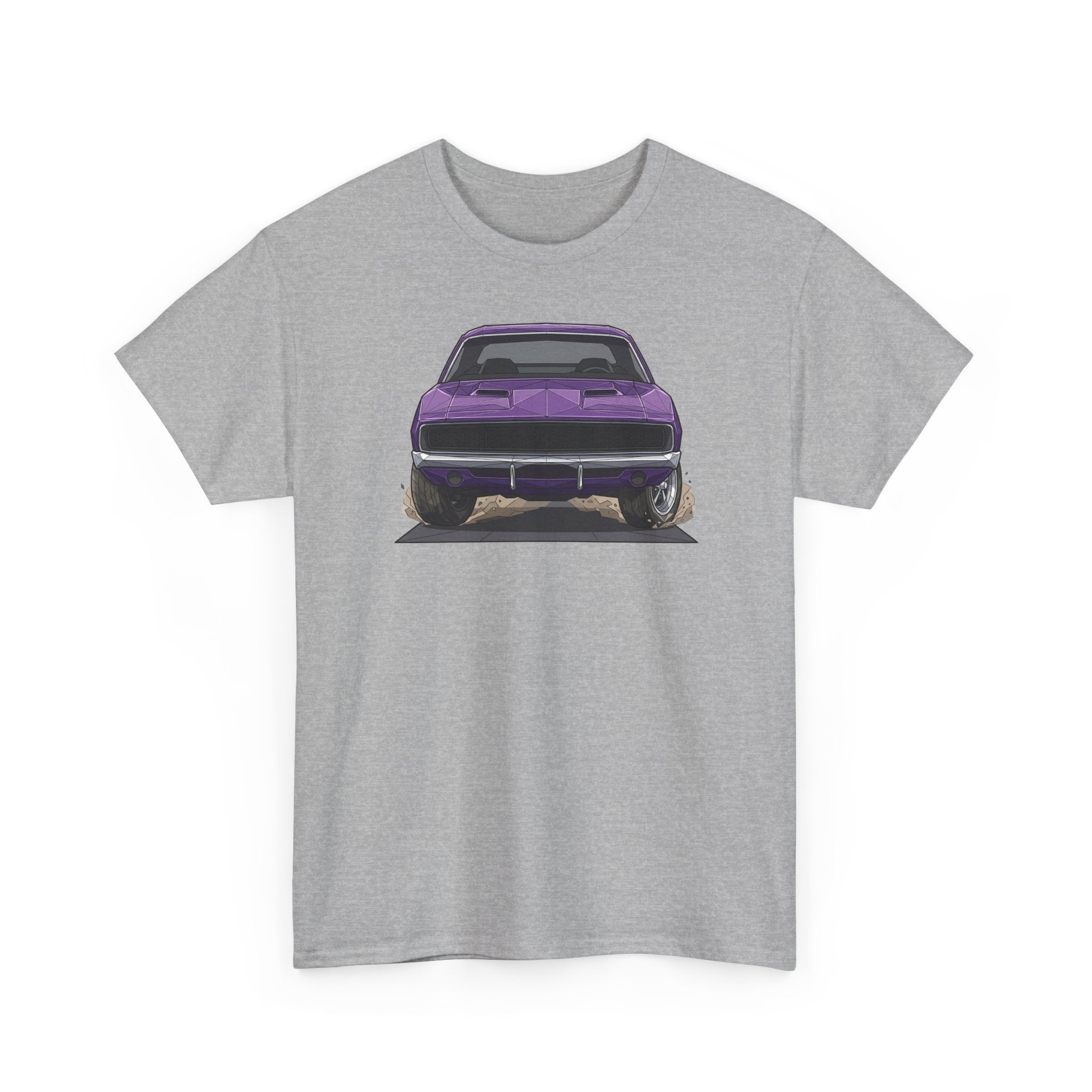 Sport grey T-shirt with purple retro muscle car chest graphic, front view