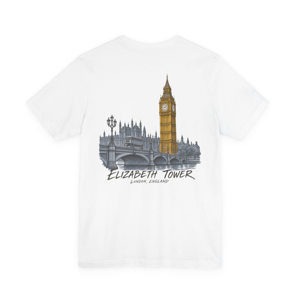 White short-sleeve T-shirt with tower and bridge illustration and lettering graphic