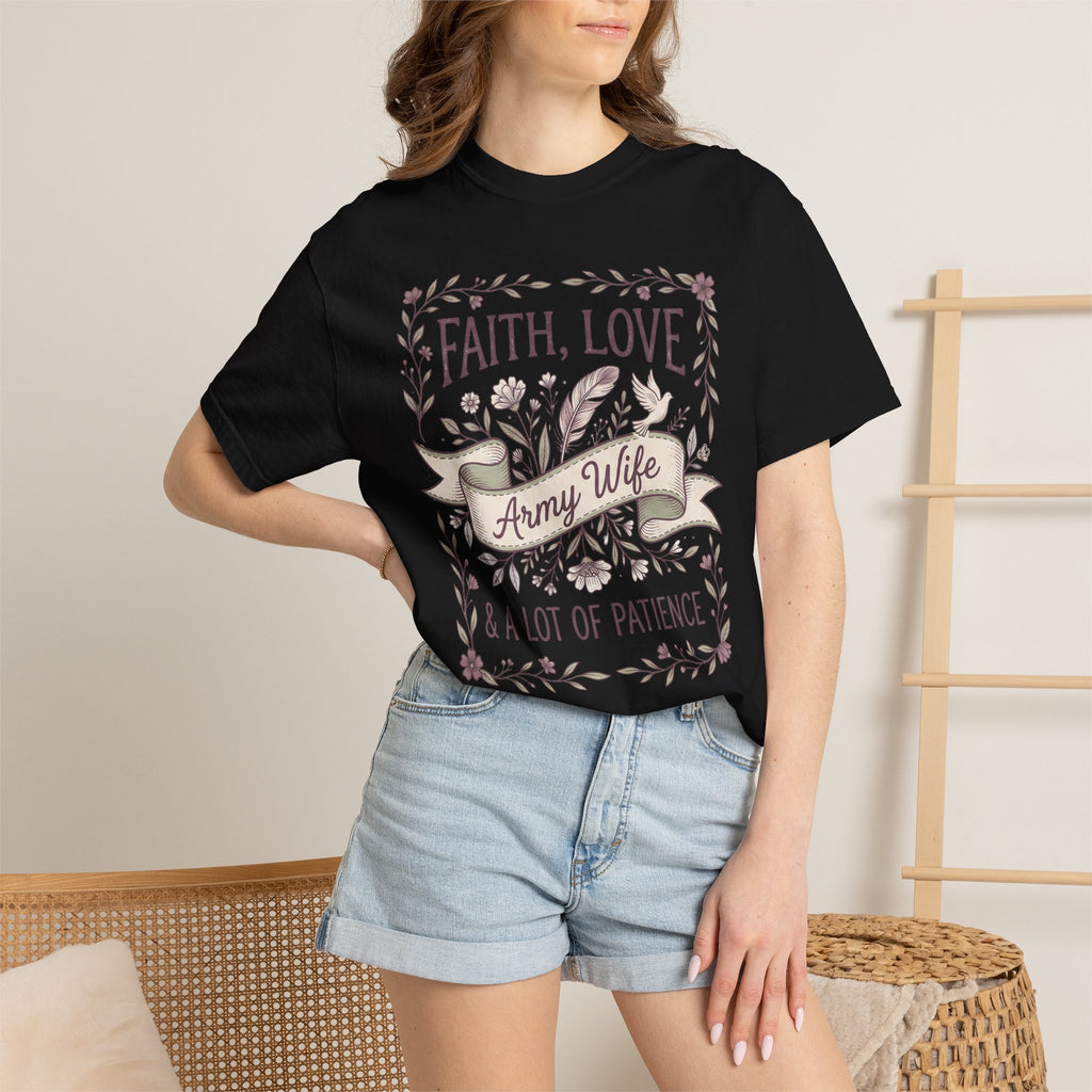 Black crewneck T-shirt on model, 'Faith, Love' floral design with 'Army Wife' ribbon