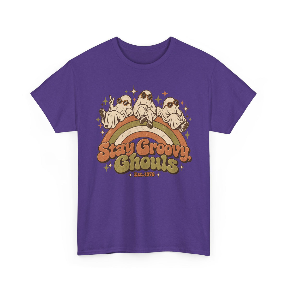 Stay Groovy Ghouls T-Shirt, Retro Rainbow Ghosts in Sunglasses Halloween Shirt for Women and Men, Cute 70s Spooky Tee