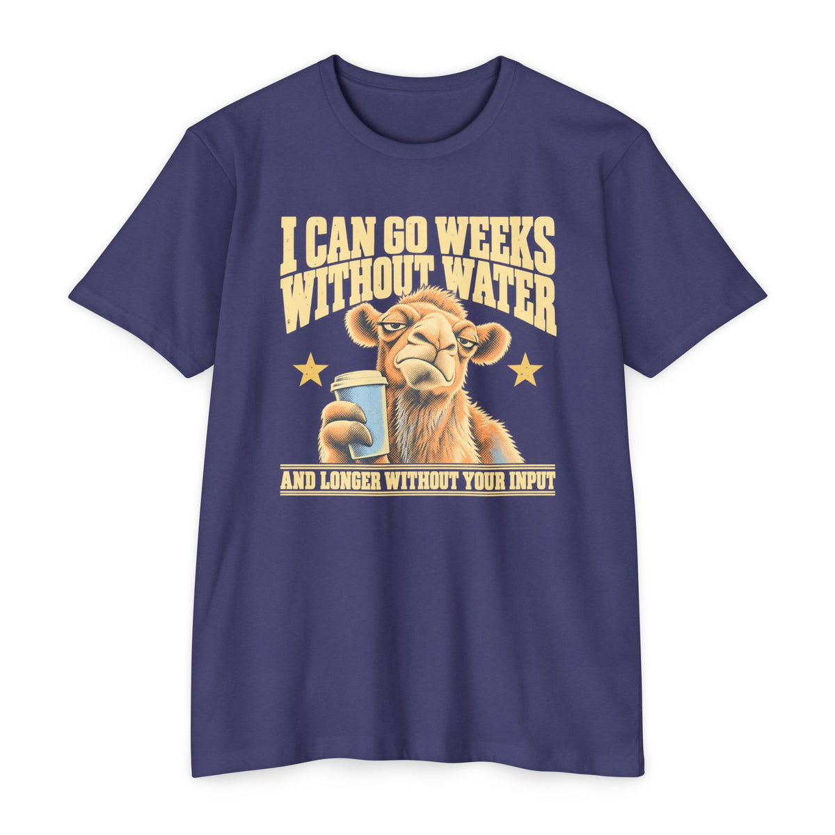 Navy t-shirt with camel holding coffee mug and 'weeks without water' slogan.