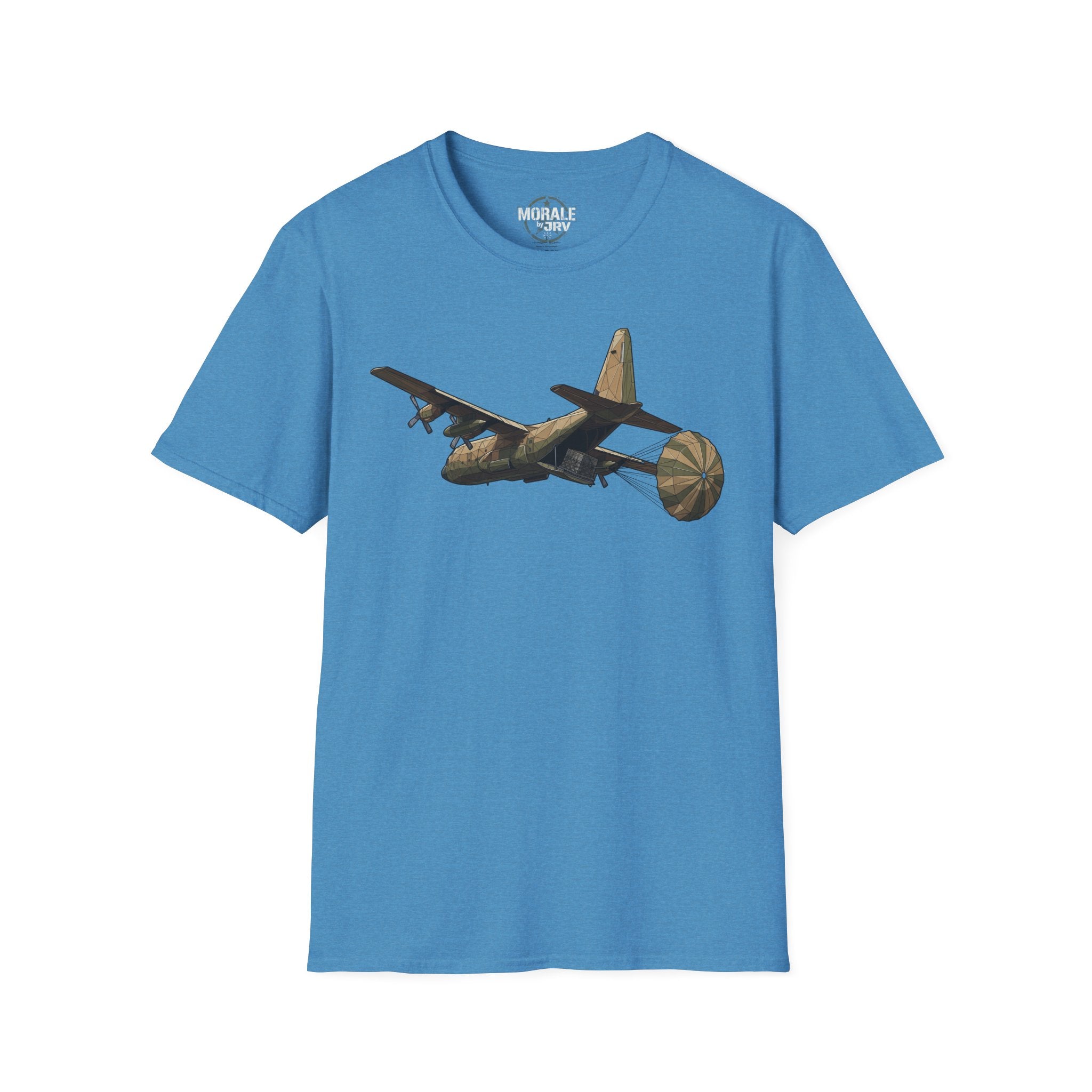 Heather sapphire T-shirt with C-130 cargo plane graphic centered on the chest