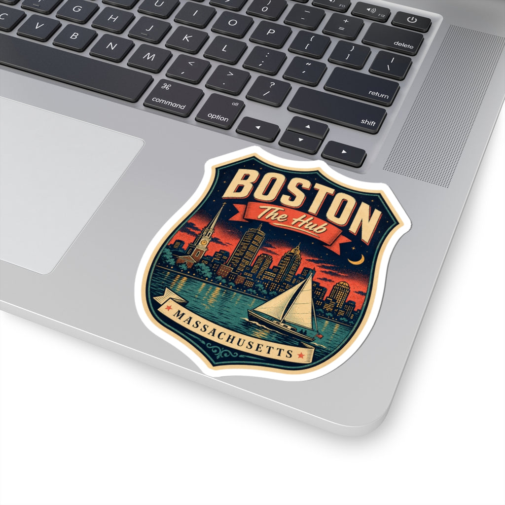 Boston “The Hub” luggage tag sticker placed on a laptop, shield with sailboat