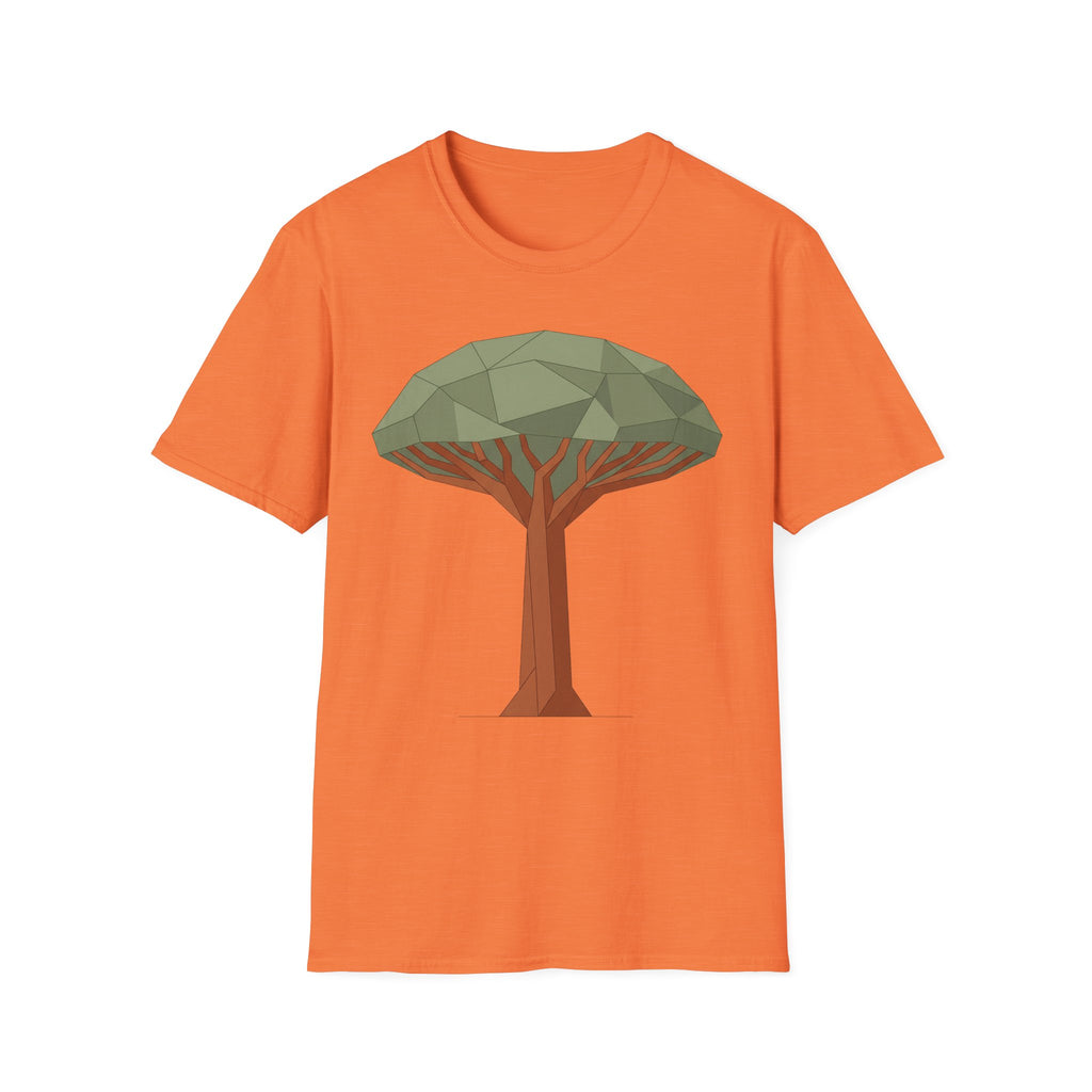 Orangefarbene T‑Shirt mit geometrischem Drachenblutbaum-Grafikmotiv auf der Brust