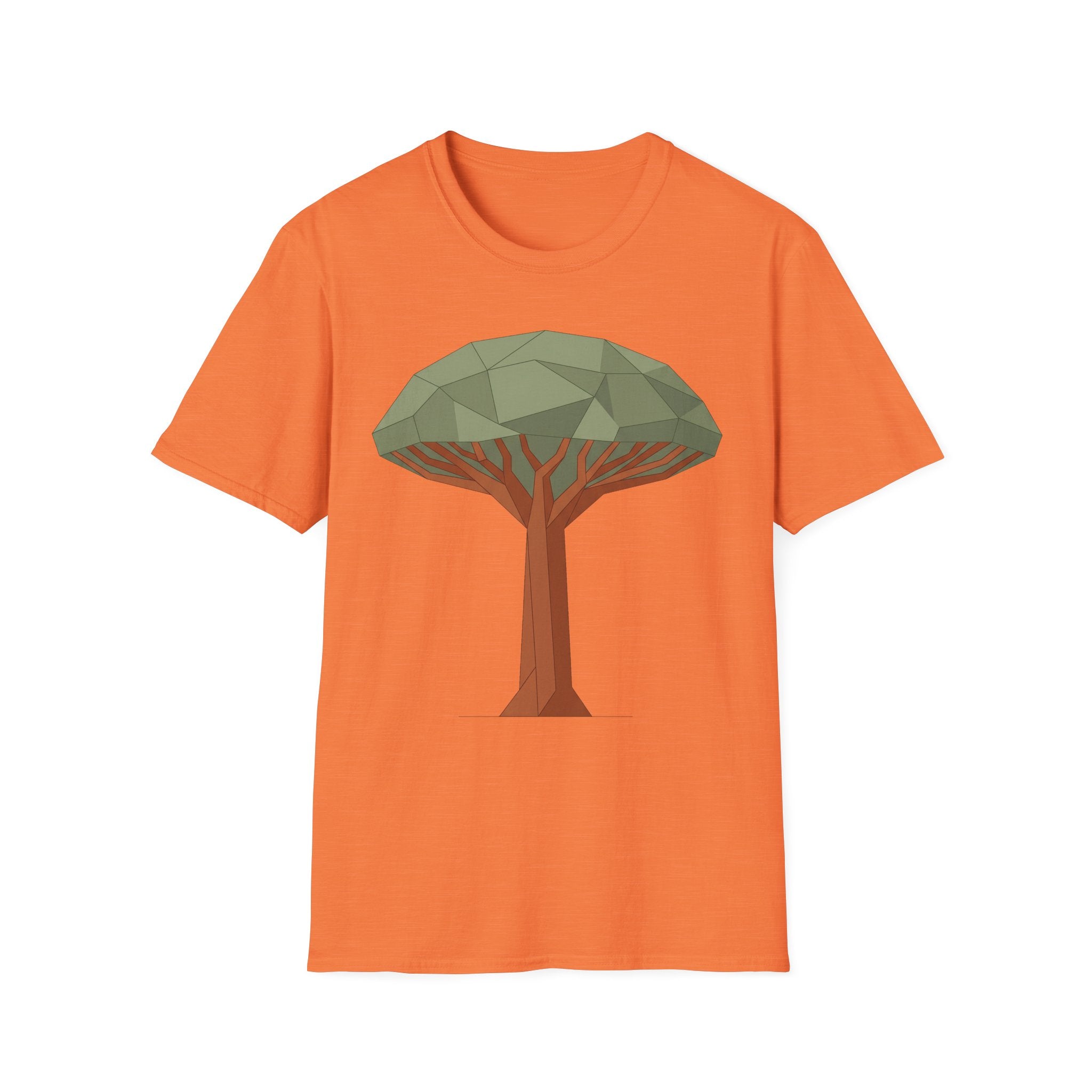 Orangefarbene T‑Shirt mit geometrischem Drachenblutbaum-Grafikmotiv auf der Brust