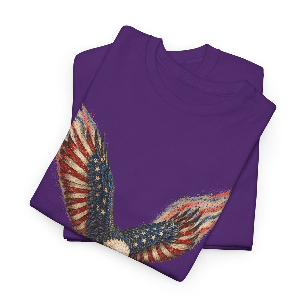 Purple crew-neck T-shirt with patriotic bald eagle wing flag graphic