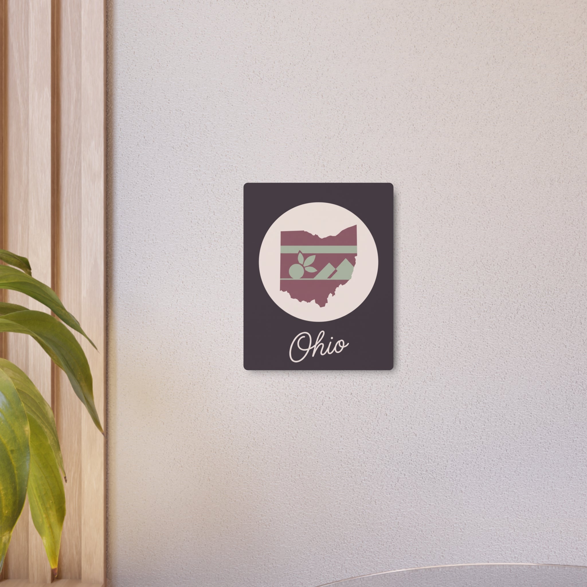 Mauve square metal wall art with Ohio emblem in a beige circle and 'Ohio' script