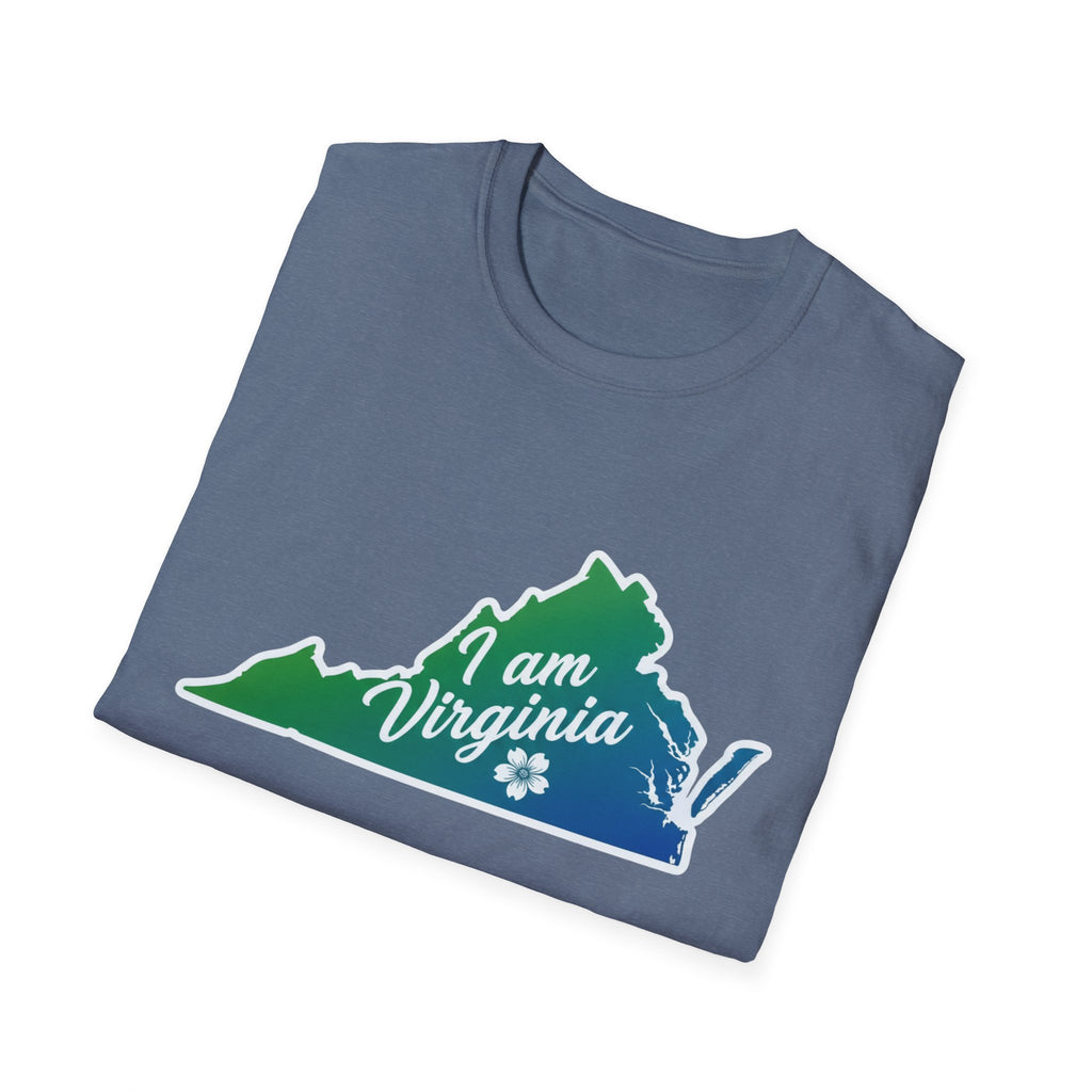 Slate-blue T-shirt with “I am Virginia” state graphic in green and blue