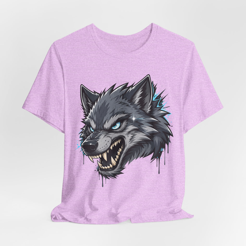 Unisex heather lilac short-sleeve t-shirt with snarling wolf head graphic, blue eyes