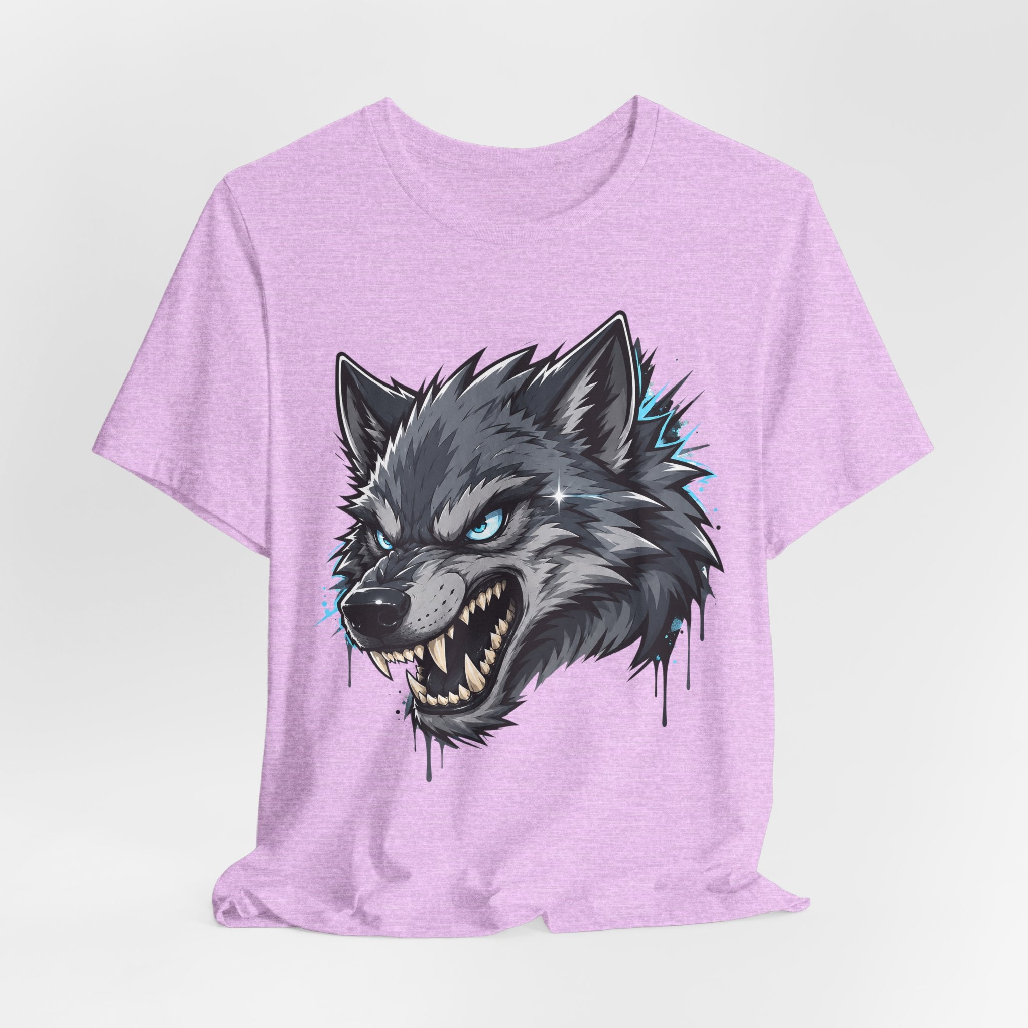 Unisex heather lilac short-sleeve t-shirt with snarling wolf head graphic, blue eyes