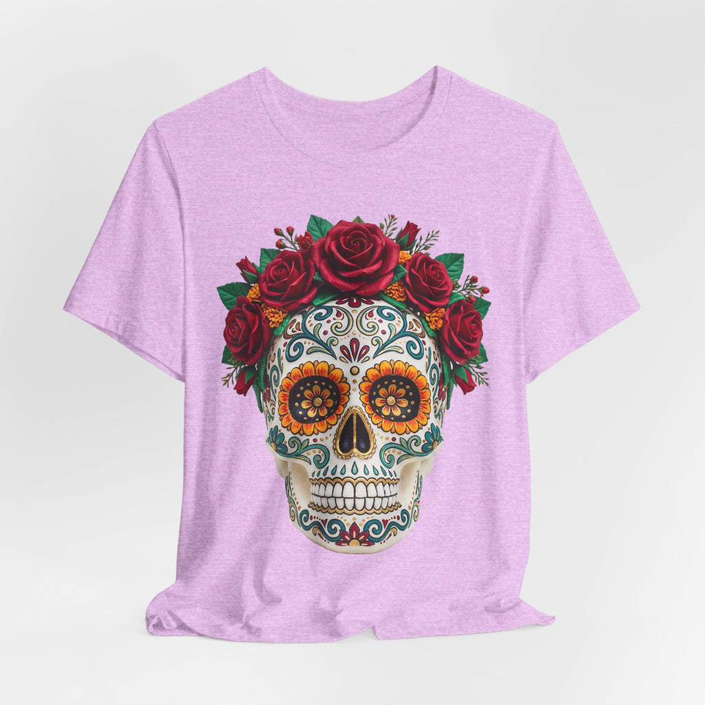 Sugar skull graphic with red rose crown on mauve T-shirt