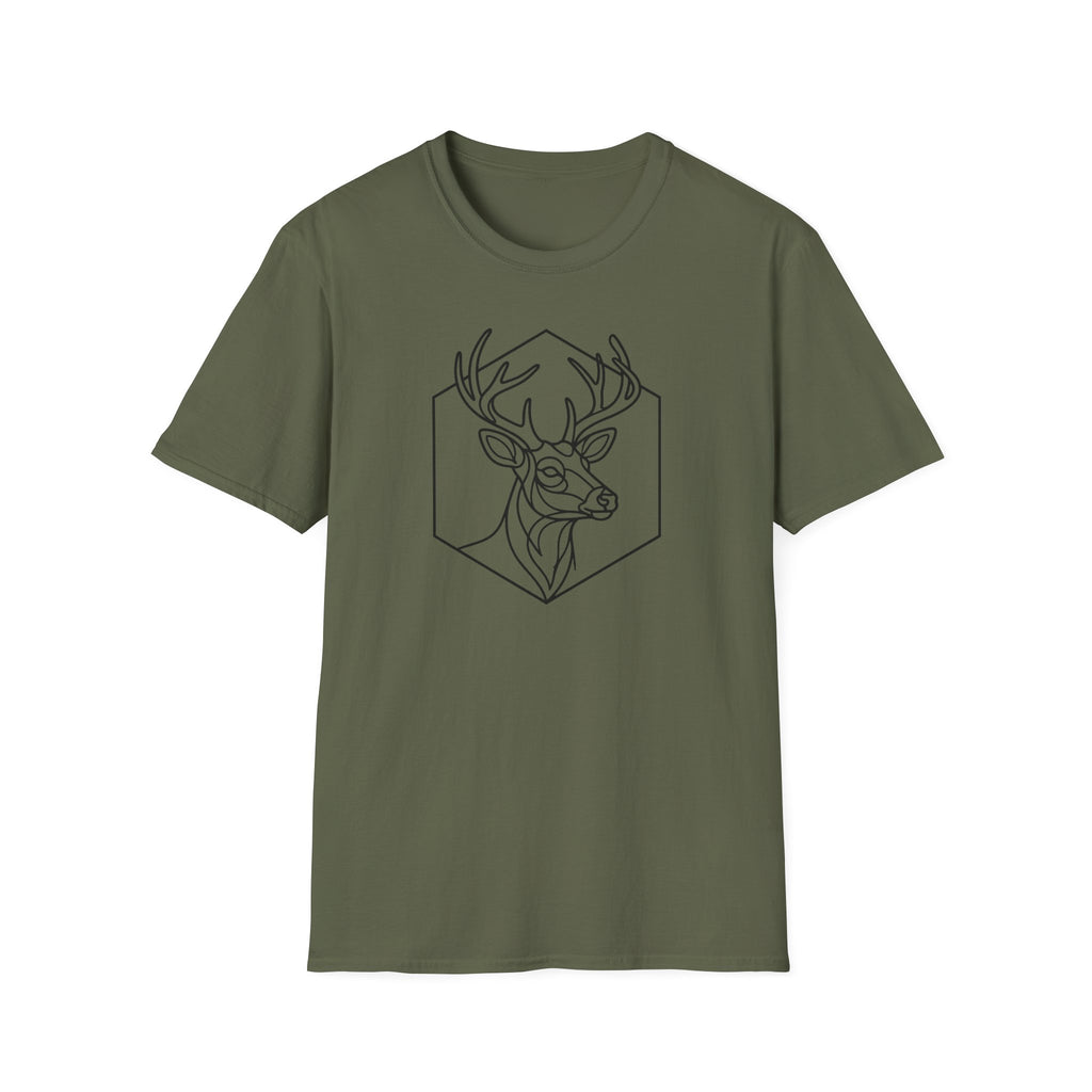Olive deer head line art graphic T-shirt with antlers inside hexagon