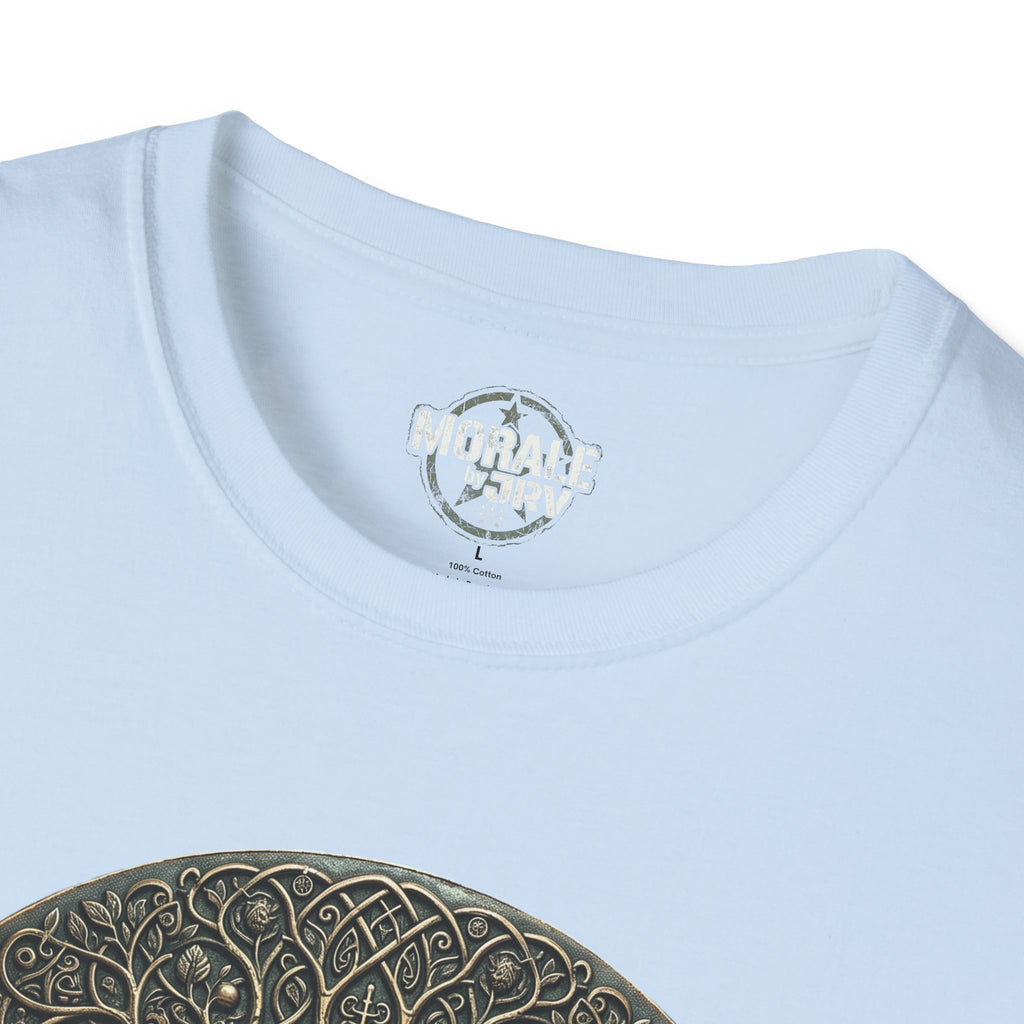 Light blue T-shirt close-up of crew neck and Celtic tree of life graphic