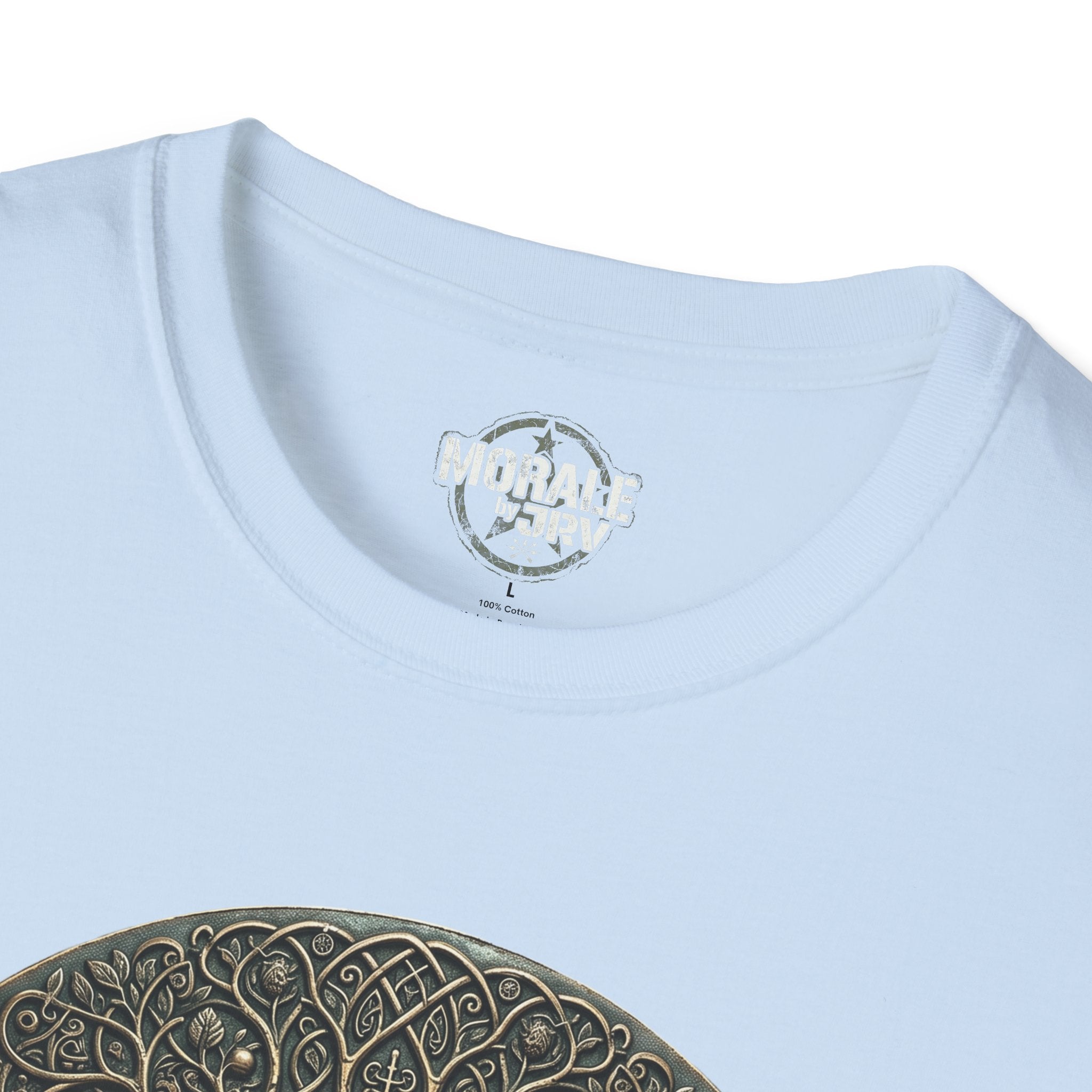 Light blue T-shirt close-up of crew neck and Celtic tree of life graphic