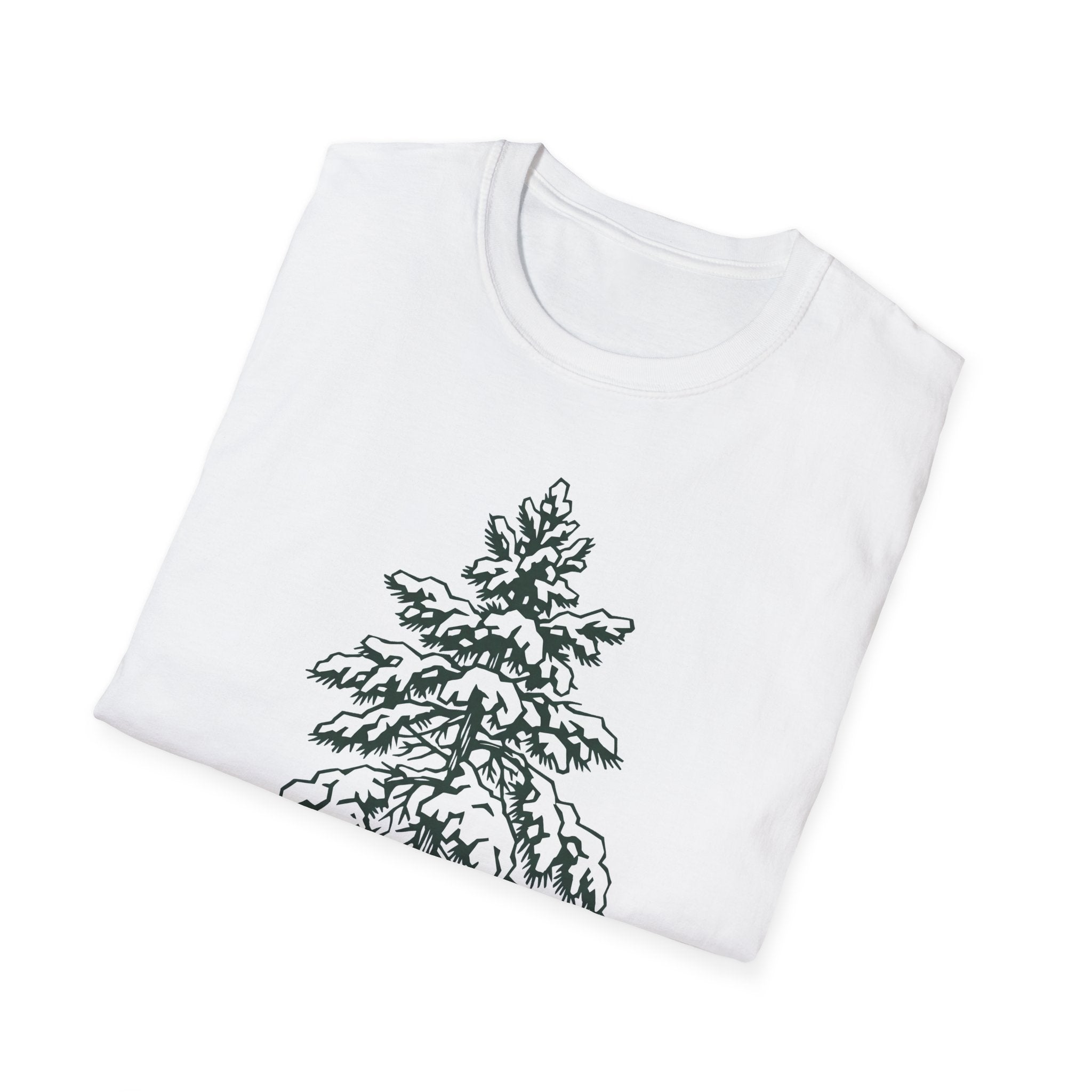 White t-shirt with snowy pine tree nature graphic on the front