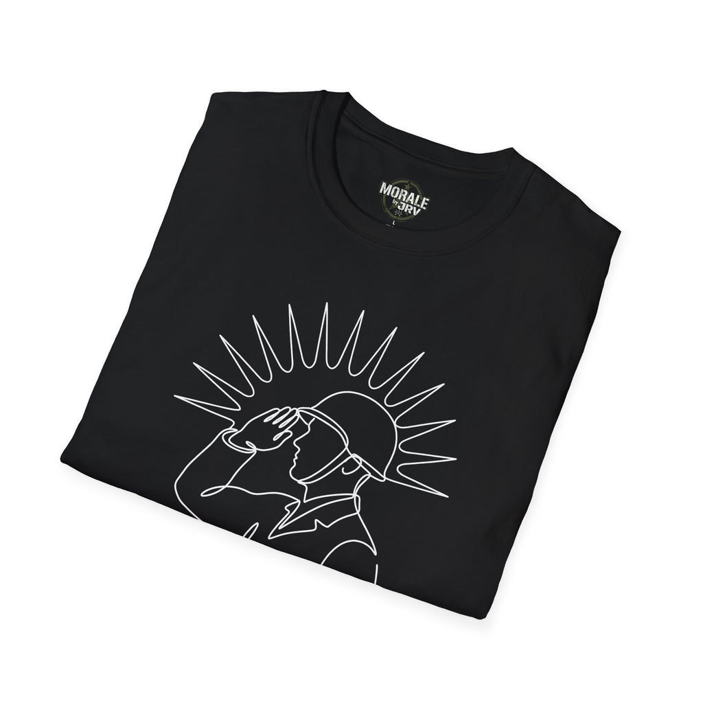Black T-shirt with minimal single-line upward man illustration