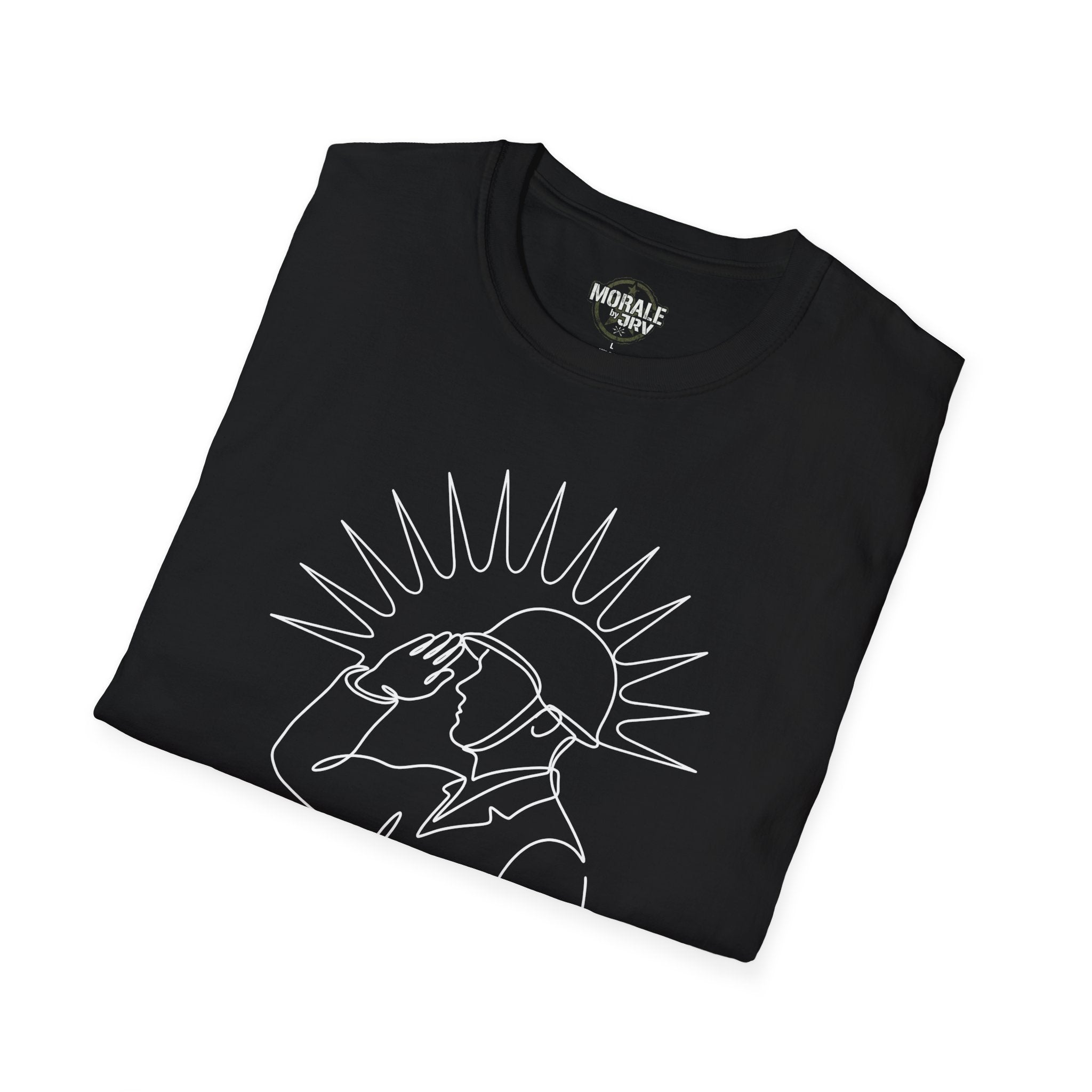Black T-shirt with minimal single-line upward man illustration