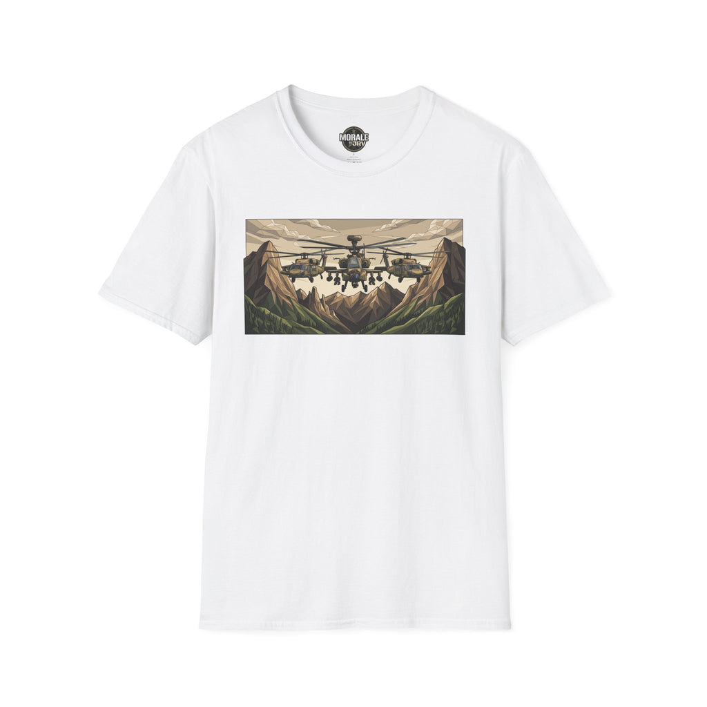 Attack Helicopter T-Shirt in White with mountain helicopter graphic front