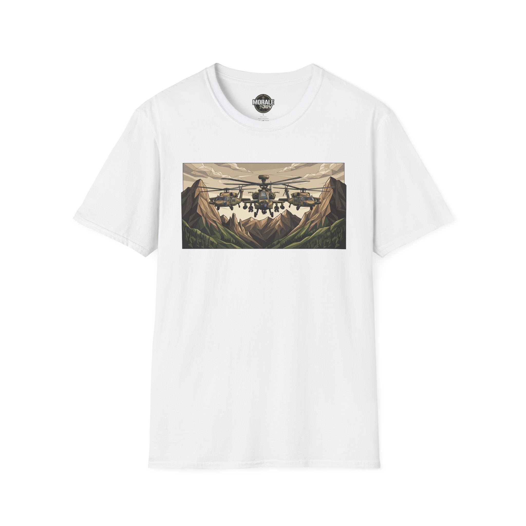 Attack Helicopter T-Shirt in White with mountain helicopter graphic front
