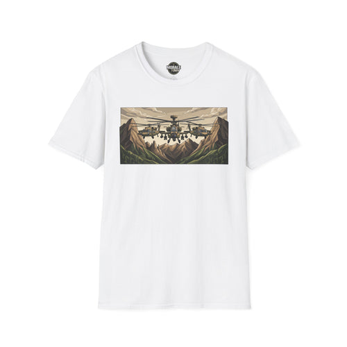 Attack Helicopter T-Shirt in White with mountain helicopter graphic front