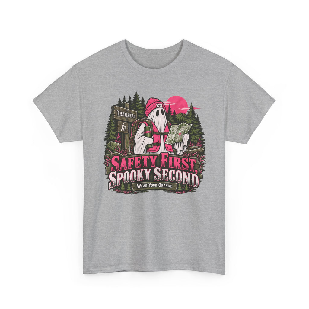 Safety First Spooky Second T-Shirt, Funny Ghost Hiker Halloween Shirt for Men and Women, Camping Trail Graphic Tee