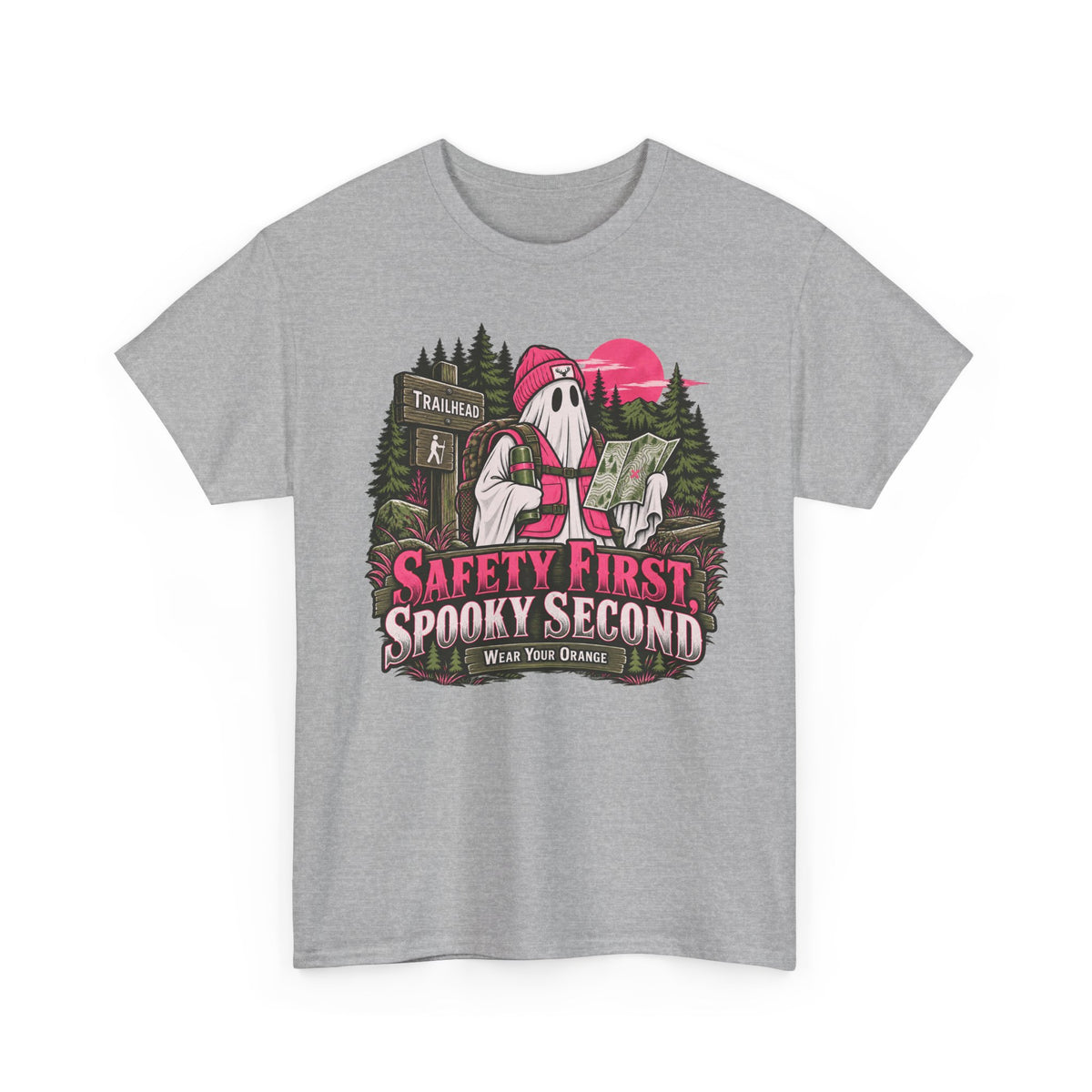 Safety First Spooky Second T-Shirt, Funny Ghost Hiker Halloween Shirt for Men and Women, Camping Trail Graphic Tee