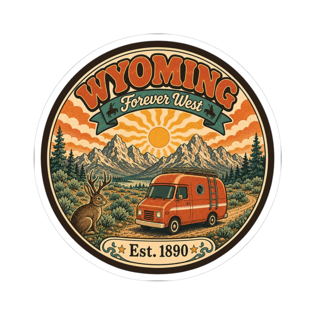 Round kiss-cut sticker with Wyoming Forever West artwork, orange van, mountains and sun