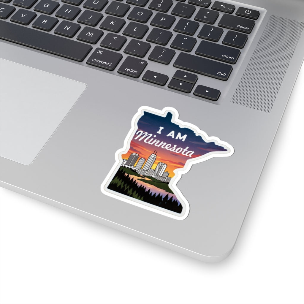 I AM Minnesota die-cut sticker, white border, blue state silhouette with skyline