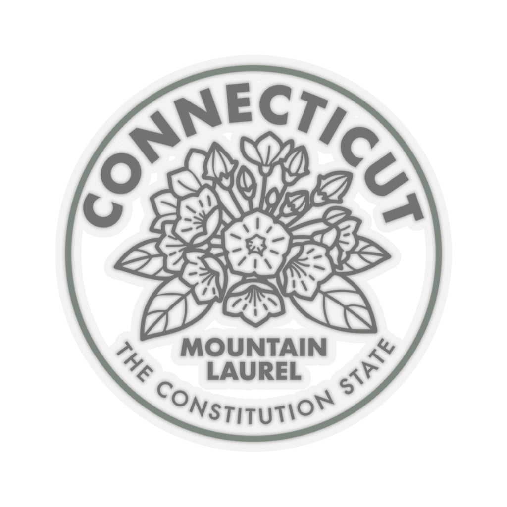 Round seal sticker with mountain laurel botanical line drawing and Connecticut text in a green outline