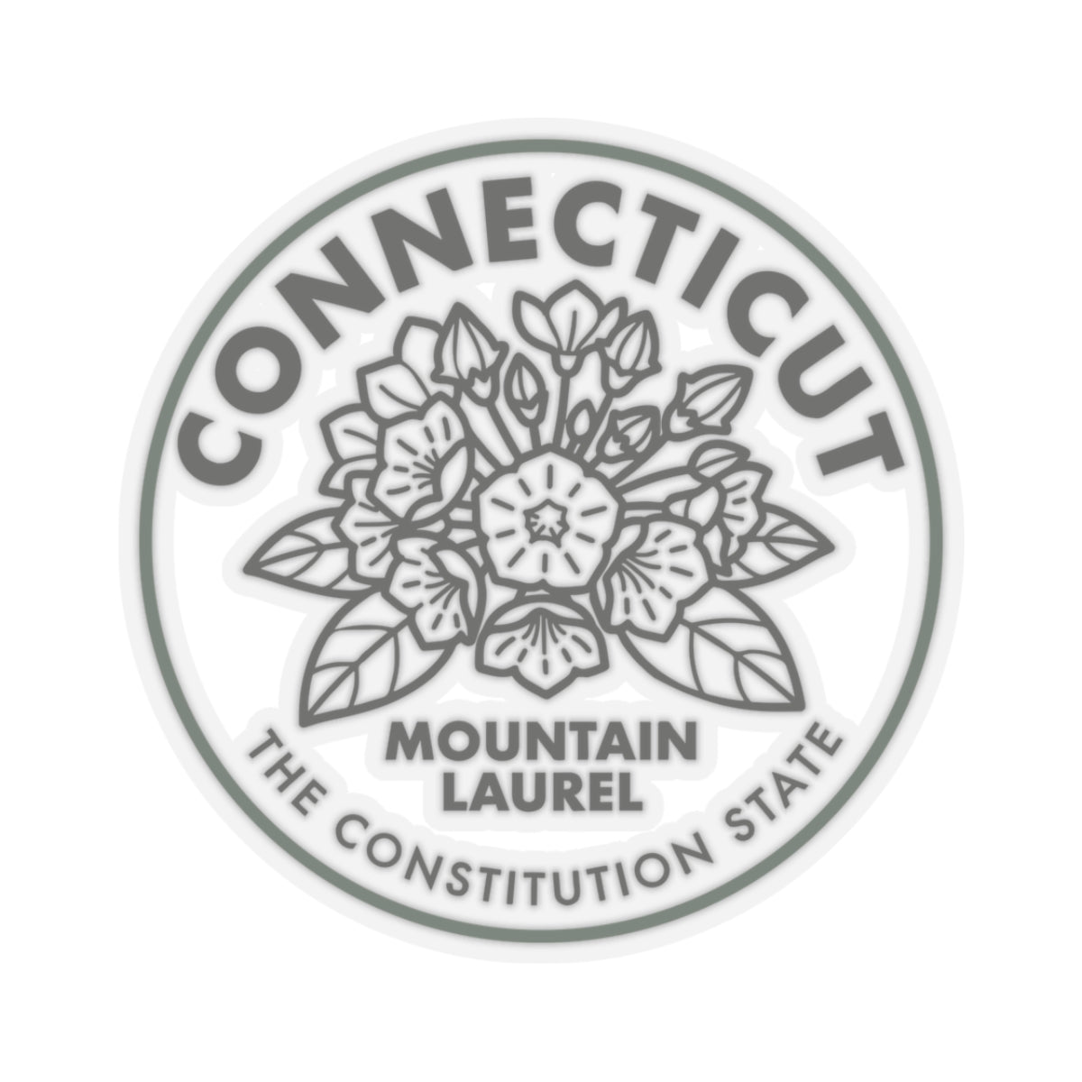 Round seal sticker with mountain laurel botanical line drawing and Connecticut text in a green outline