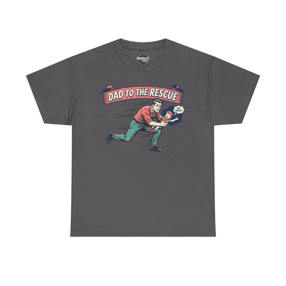 Dark gray crew-neck graphic T-shirt with dad rescue hero print