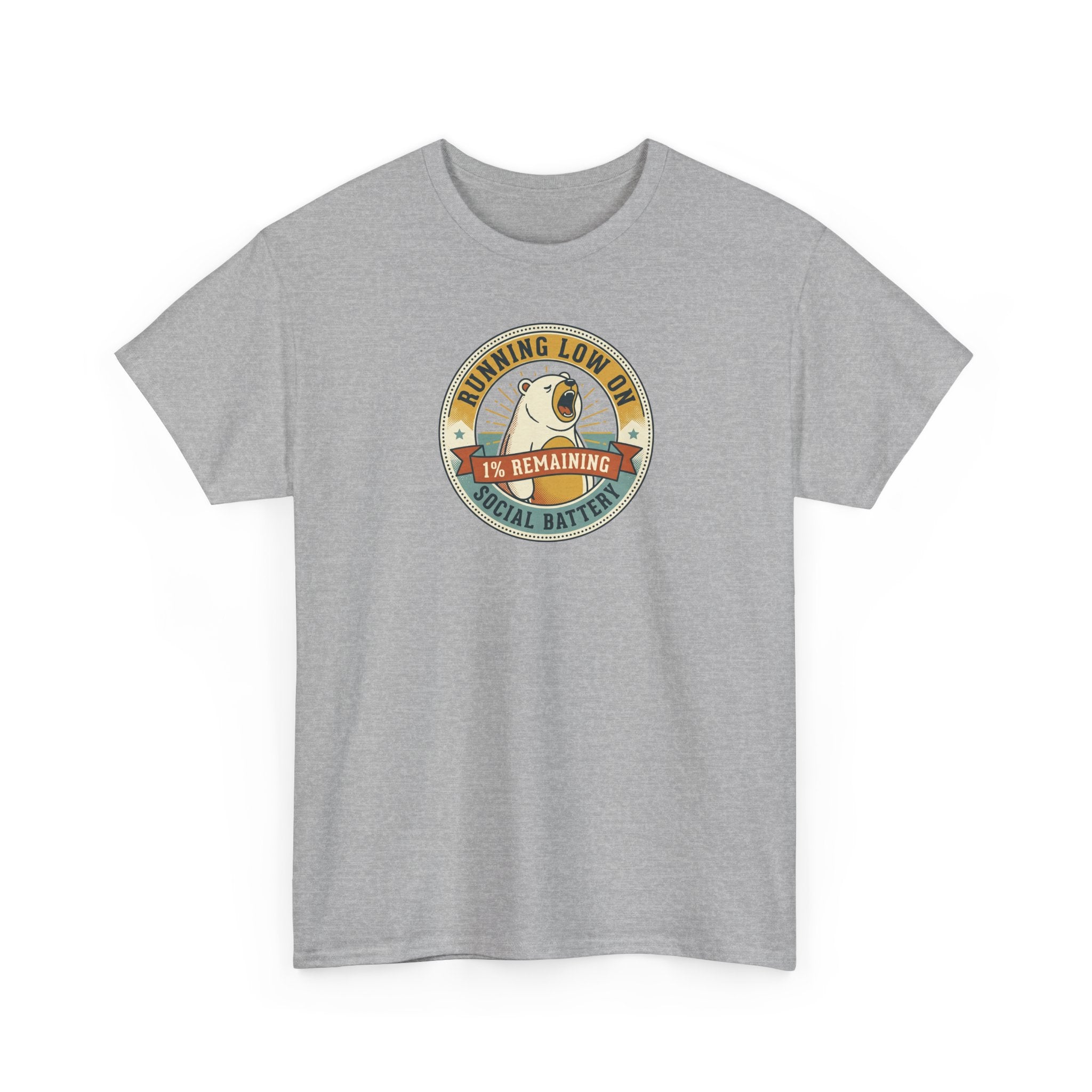 Sport grey crewneck T-shirt with circular “Running Low…” graphic on front