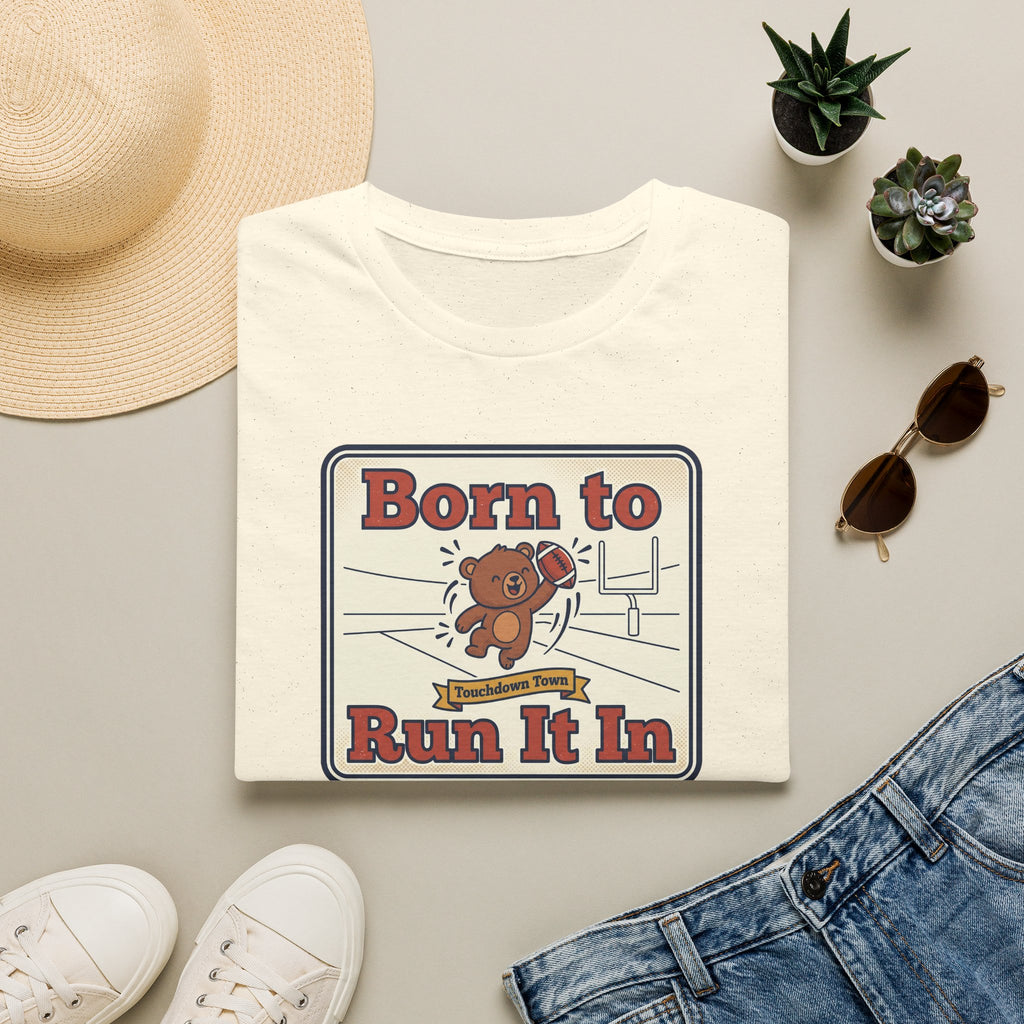 Cream crewneck T-shirt with “Born to Run It In” sports bear graphic