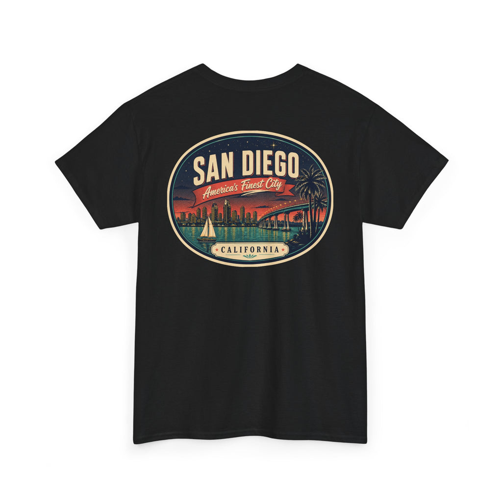 Black T-shirt with large San Diego city scene oval graphic on front
