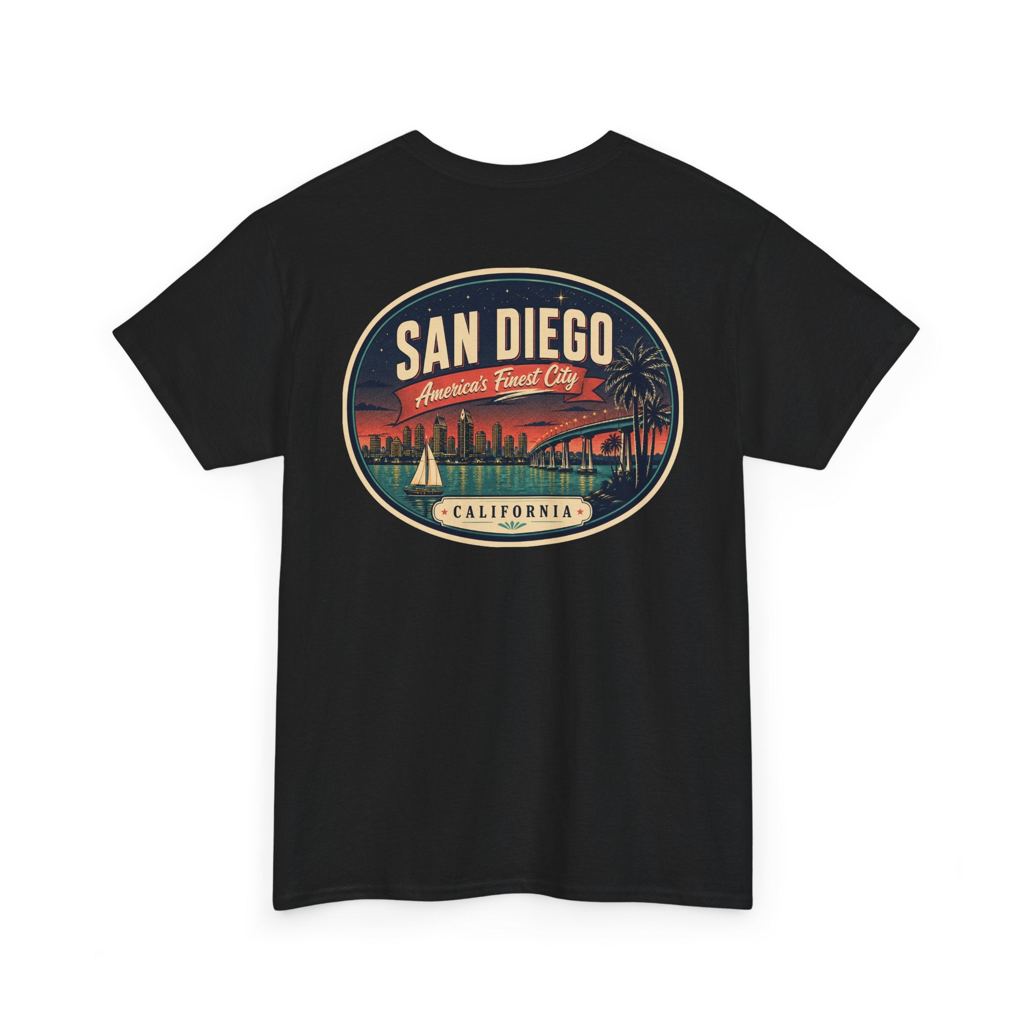 Black T-shirt with large San Diego city scene oval graphic on front