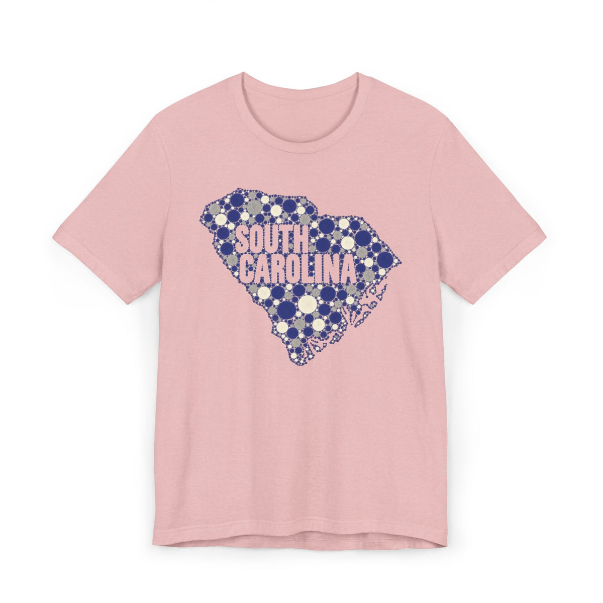 Pink South Carolina floral map graphic T-shirt with blue dotted outline and text
