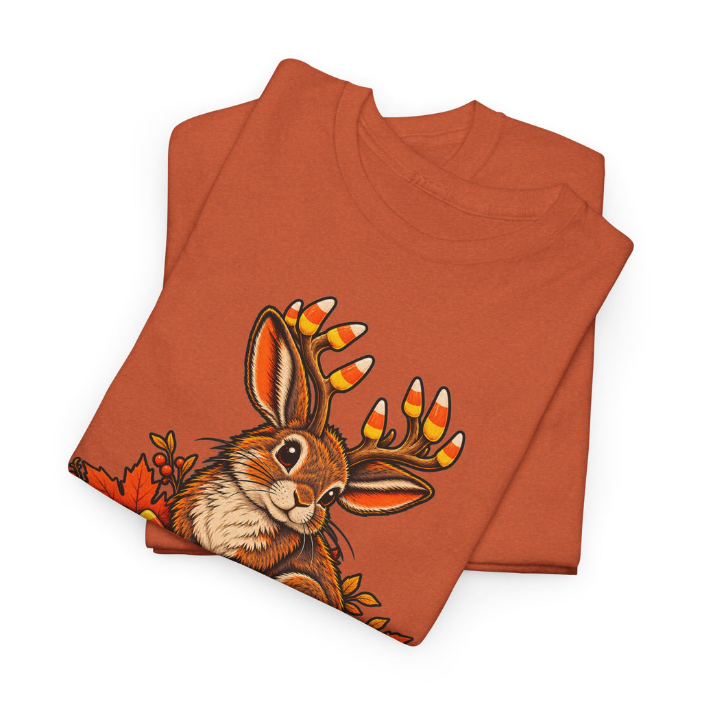 Halloween jackalope T-shirt, orange with printed bunny head and candy corn antlers