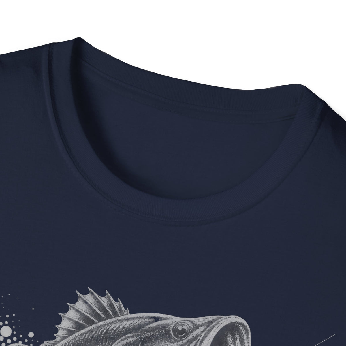 Navy crew-neck fishing T-shirt with partial gray bass splash graphic
