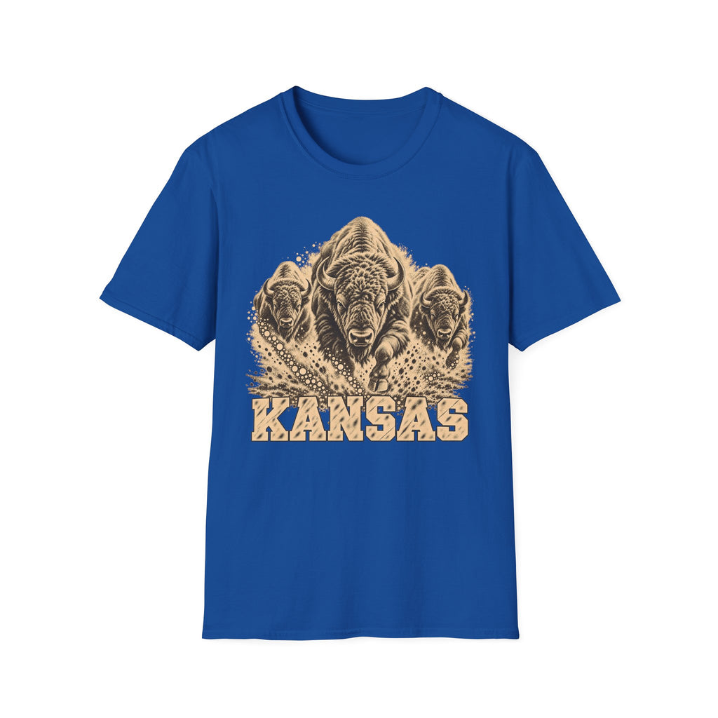 Royal blue Kansas bison graphic T-shirt with front “KANSAS” text