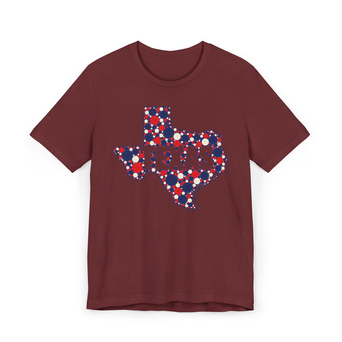 Burgundy Texas map graphic T-shirt with polka dot outline and “TEXAS” text