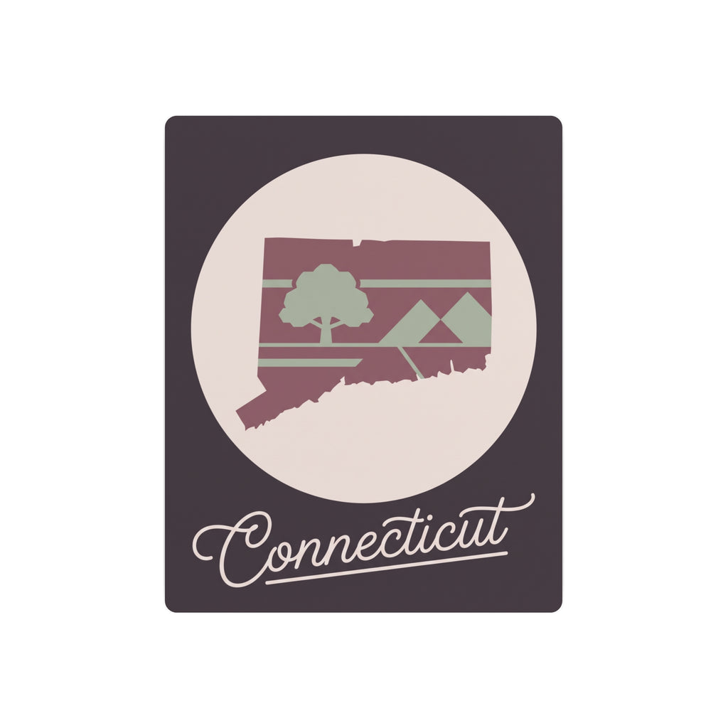Connecticut metal wall art with oval design and mauve & sage map silhouette on dark square