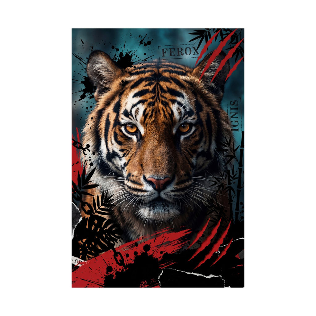 Large tiger wall print, centered portrait with striped fur and red claw-like shapes