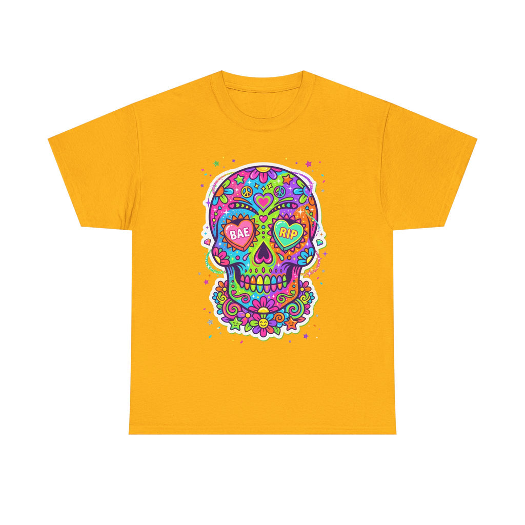 Orange T-shirt with colorful sugar skull graphic, BAE & RIP heart eyes