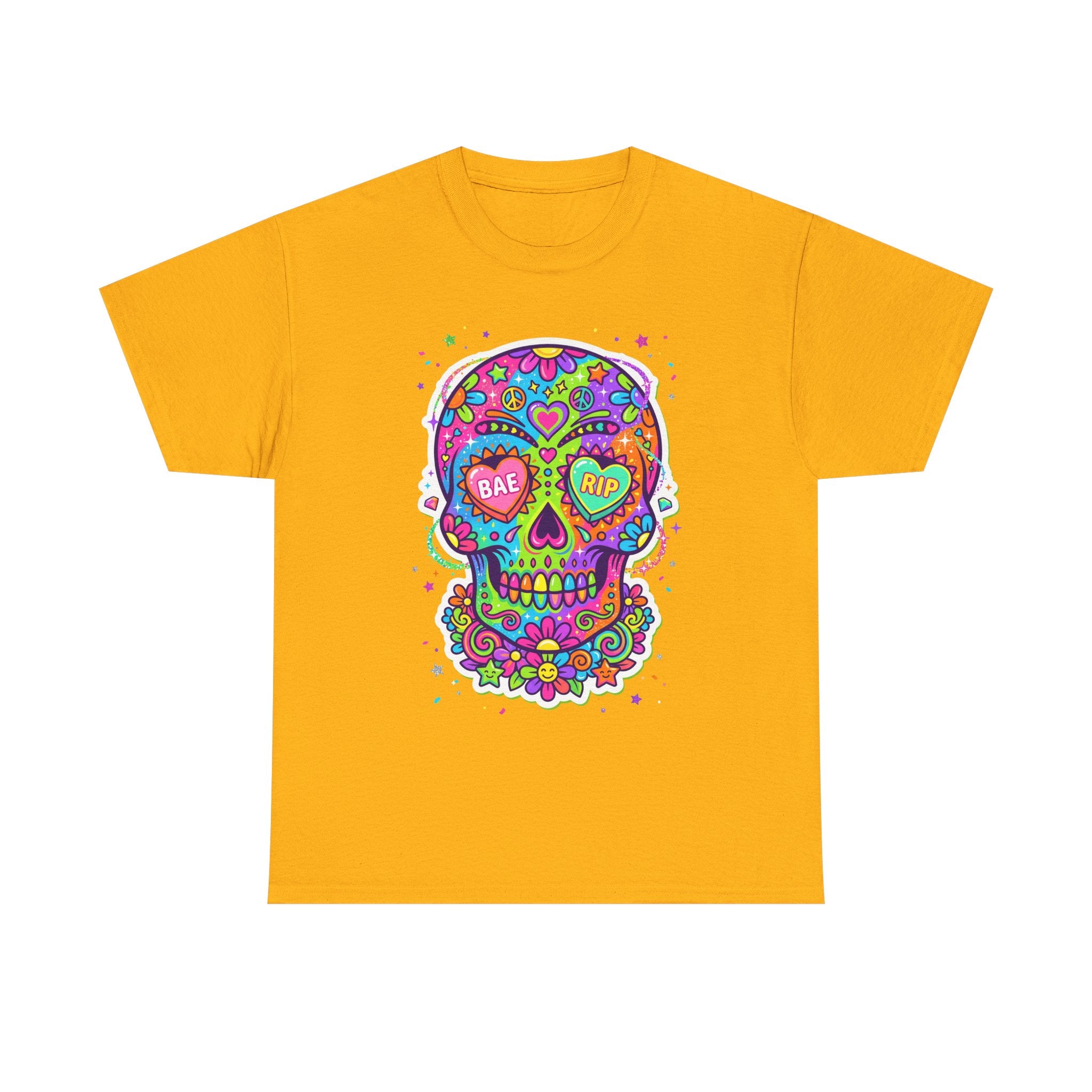 Orange T-shirt with colorful sugar skull graphic, BAE & RIP heart eyes