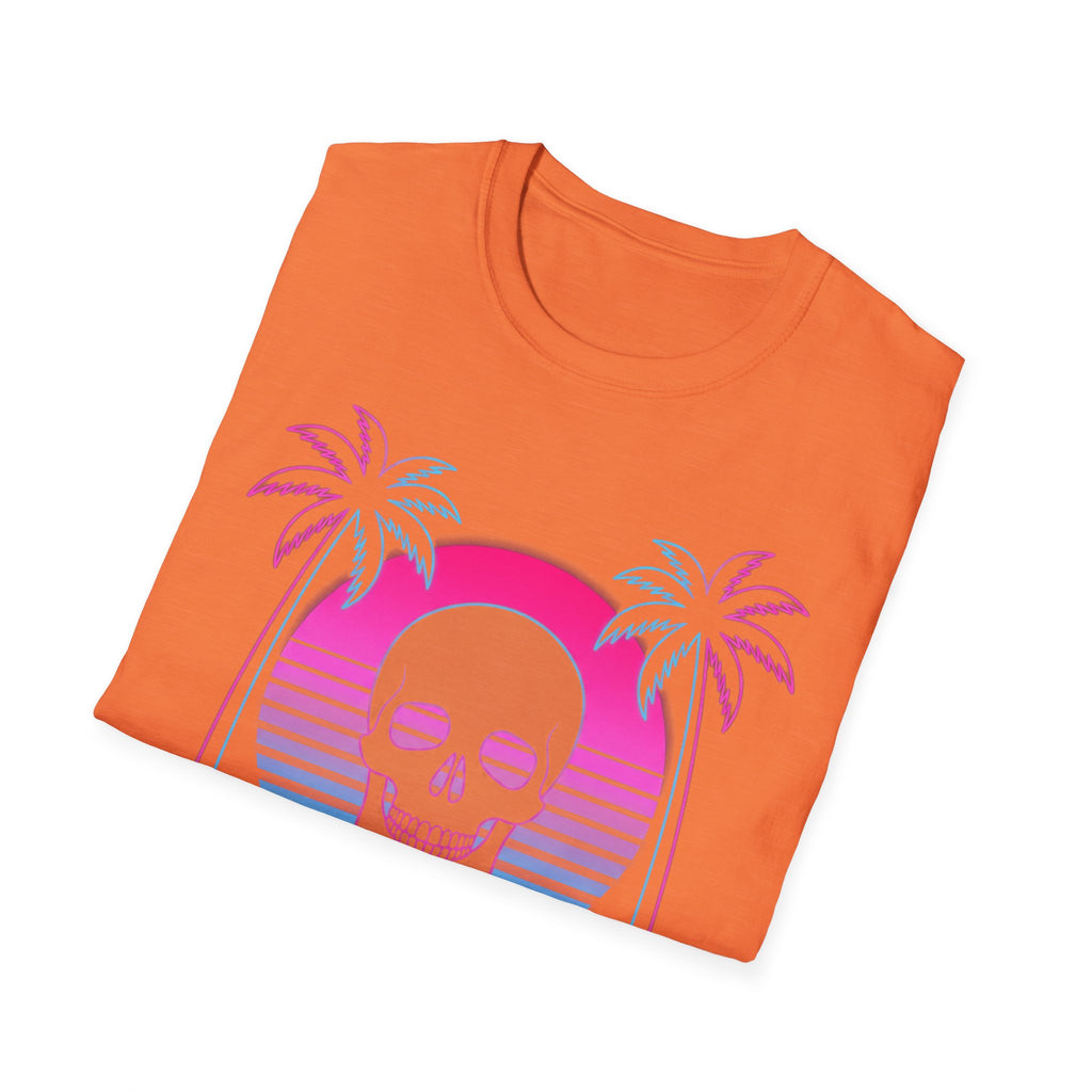 Vaporwave Skull Sunset T-Shirt in Heather Orange with skull and palm sunset design