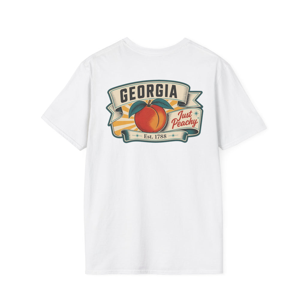 White T-shirt with Georgia badge logo and peach fruit graphic on front